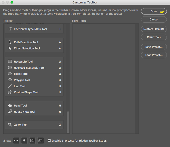 The Customize Toolbar dialog box in Photoshop where you can install the Banana tool.
