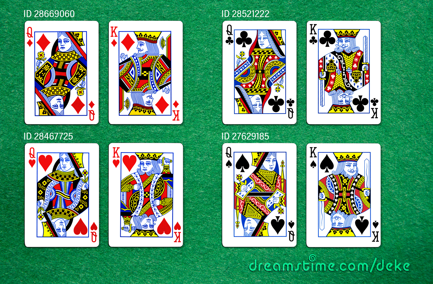 The queens and kings of the four major playing card suits on a green background. 