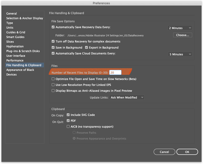 The Adobe Illustrator Preferences dialog box