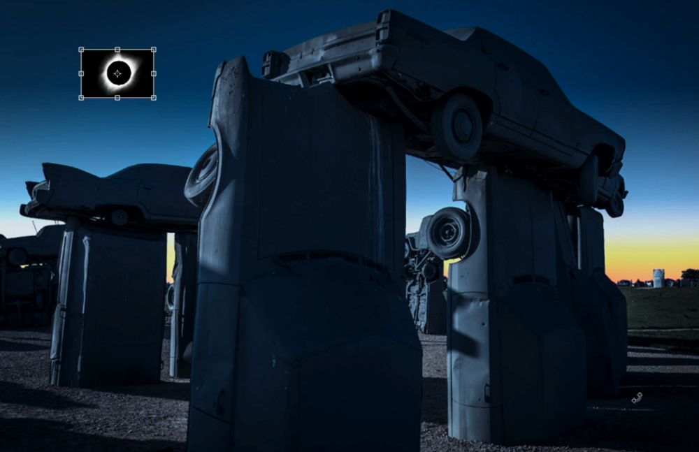 Placing the eclipsed sun into a Carhenge landscape