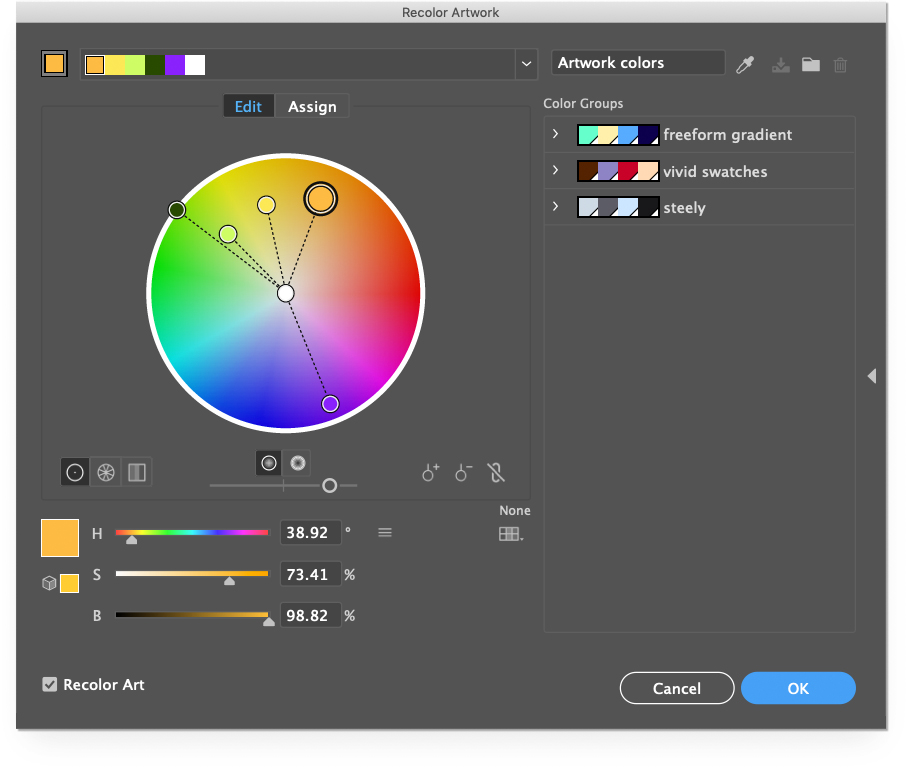 Recolor Artwork in Adobe Illustrator in the Edit Panel