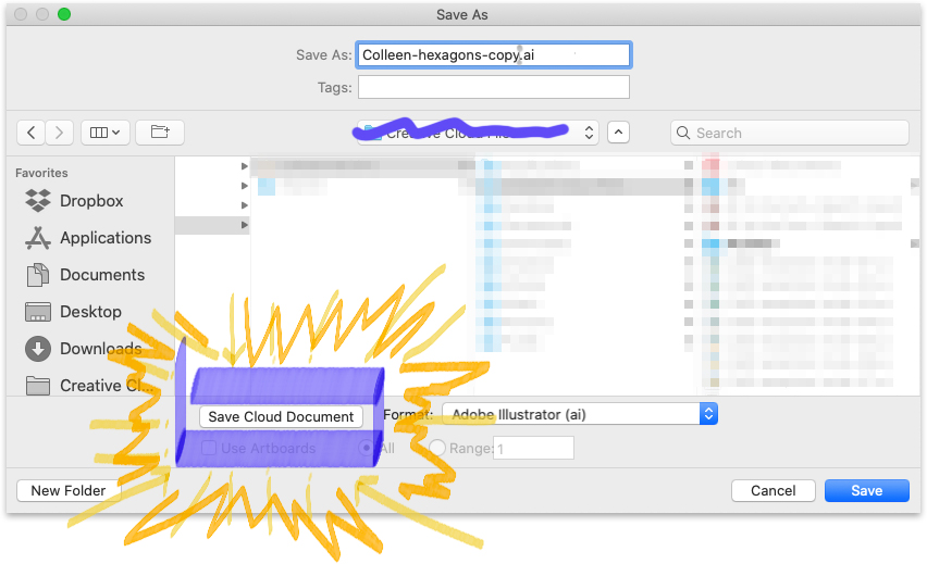 The Save As dialog box with purple and yellow emphasis on the Cloud Document button