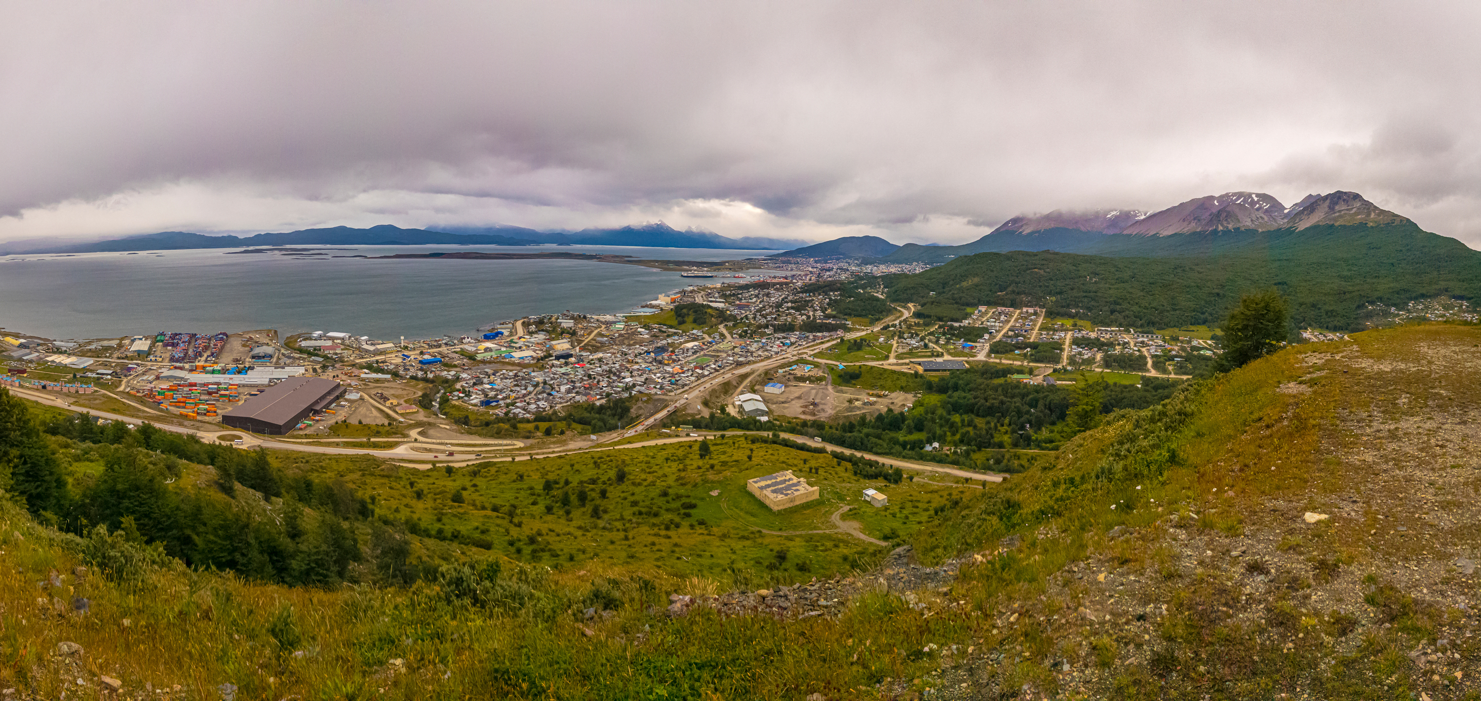 A panoramic landscape of the city of Ushuaia, Argentina