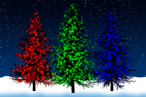 Synthetic holiday trees with synthetic lights in Photoshop