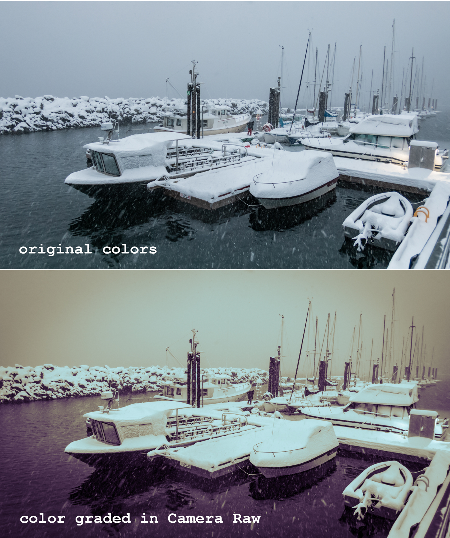 Snowy boat scene before and after applying Color Grading in Camera Raw