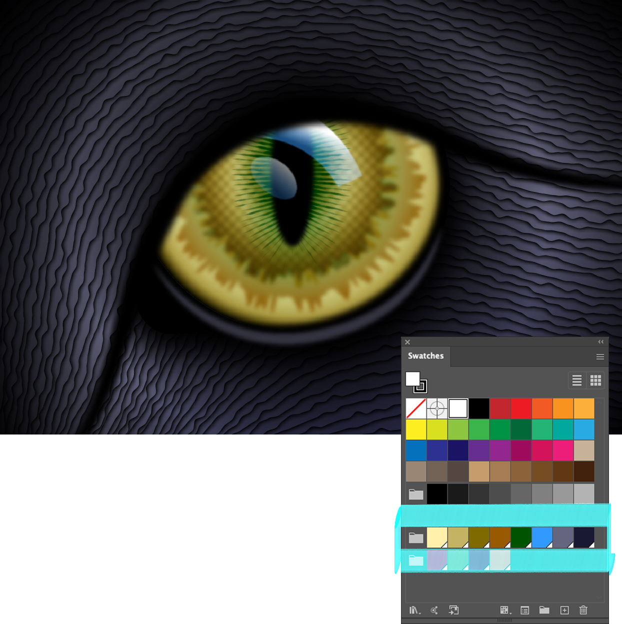 A gold and green cateye drawn in Illustrator with the Swatches panel