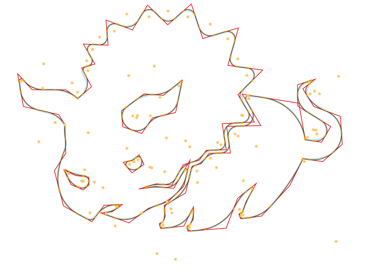 A triceratops with corner widgets providing the curves in Adobe Illustrator
