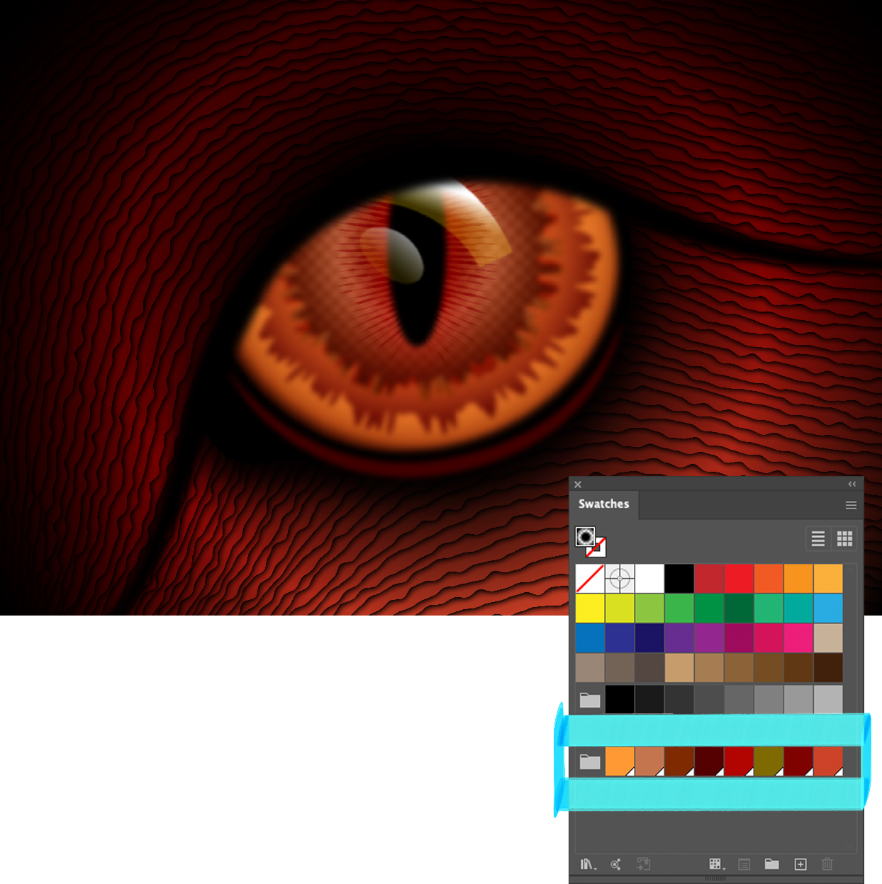 A red and orange dragon eye drawn in Illustrator with the Swatches panel