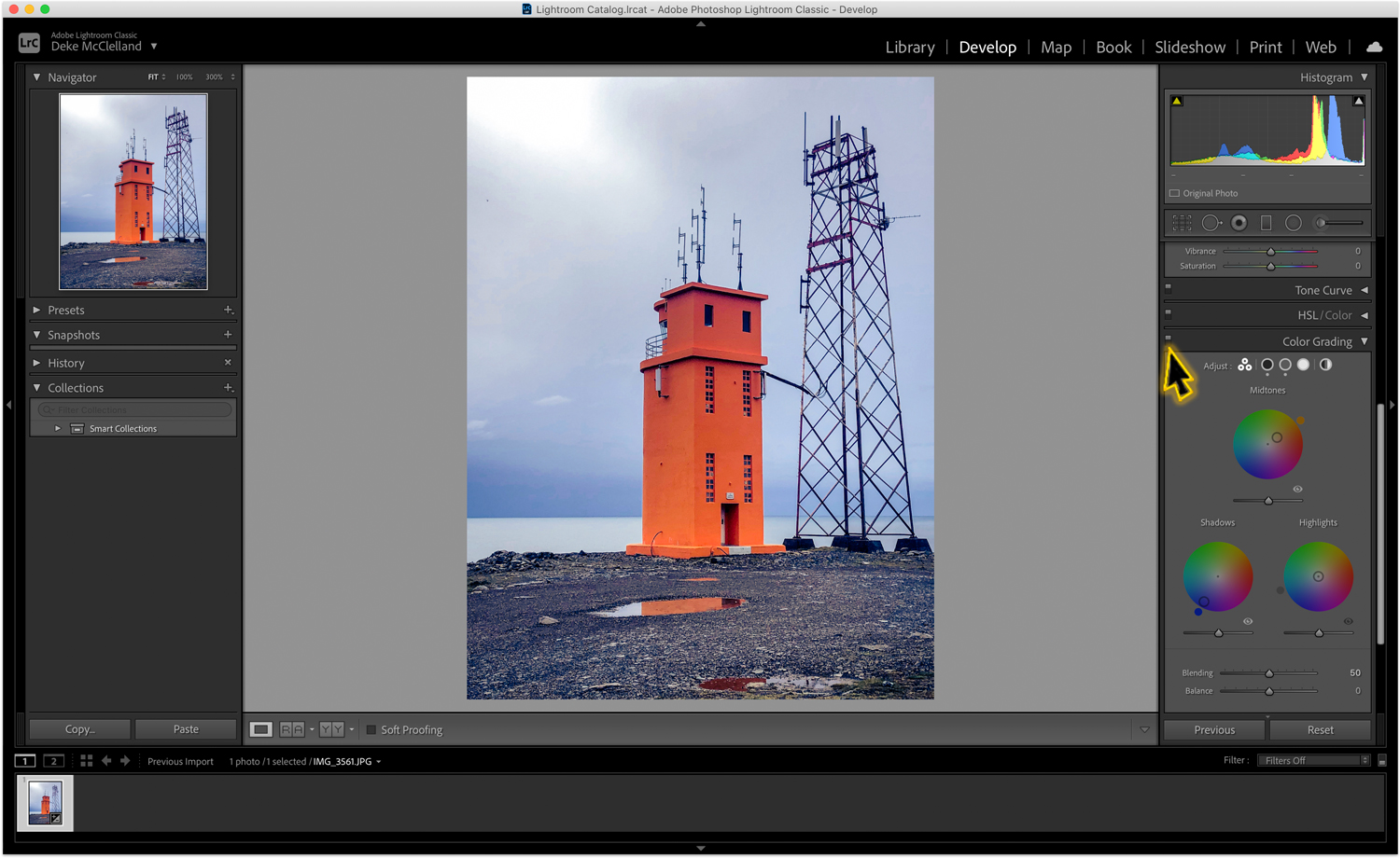 Orange lighthouse in Iceland with Lightroom interface