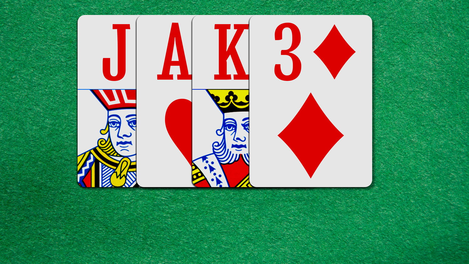 The name Jake spelled with four playing cards on a green background.