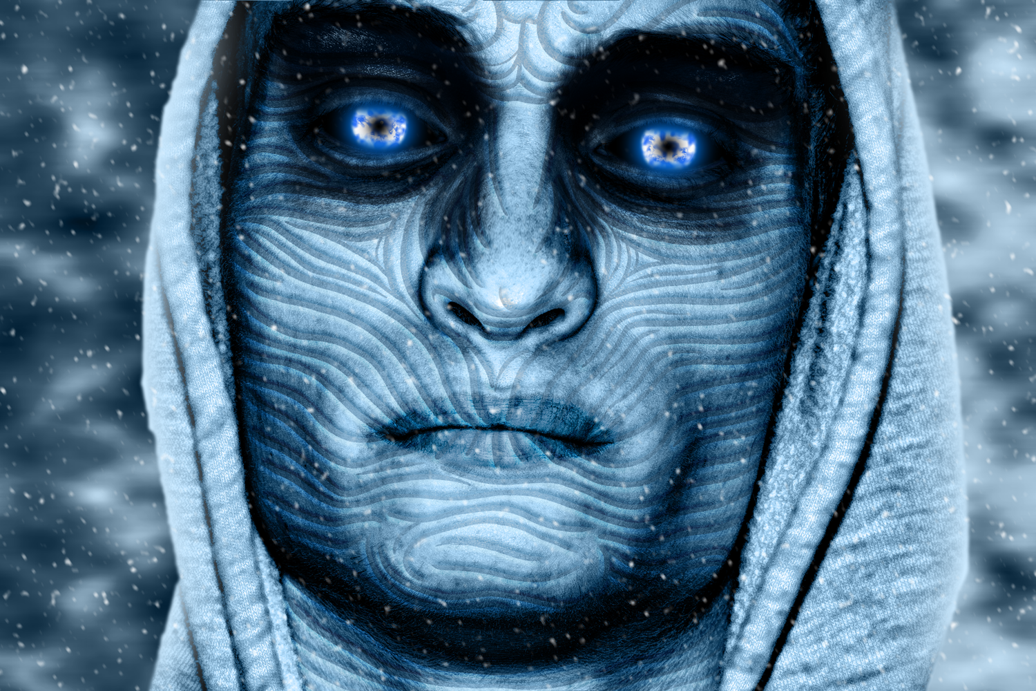 Portrait of hooded guy turned into a white walker in Photoshop