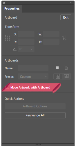 The Properties panel in Illustrator with Move Artwork checkbox