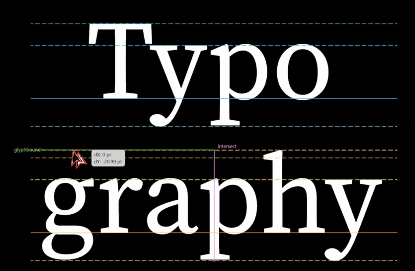 Double cursor showing the creation of a new line at the height of the ascender of the letter h