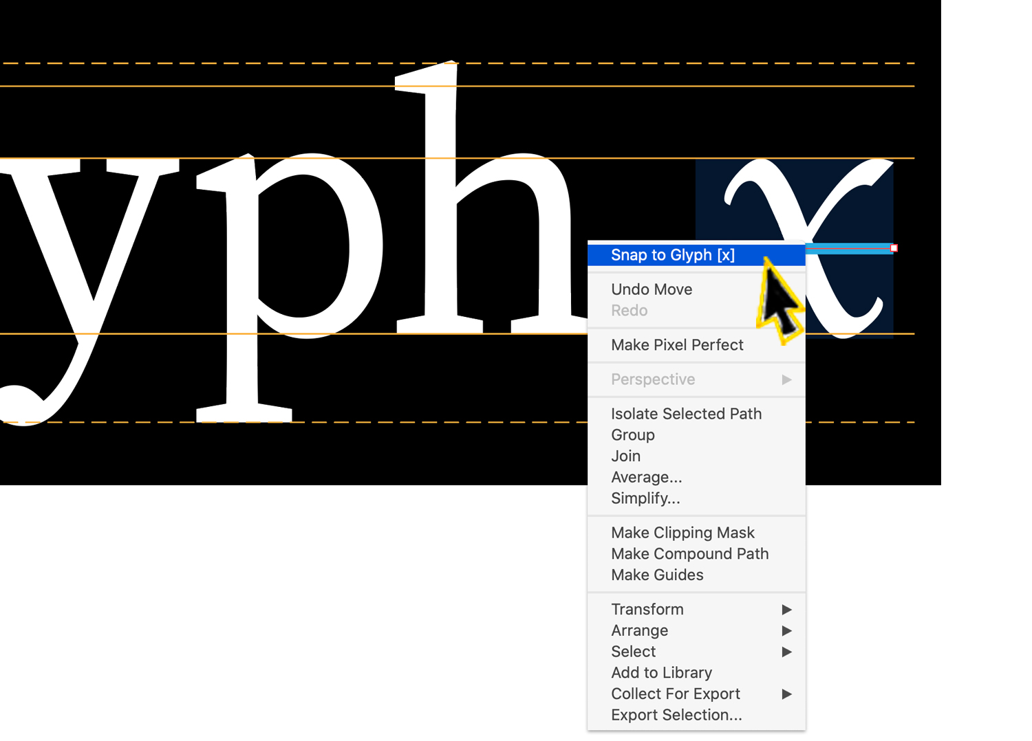 The Snap to Glyph menu on a black background with white type