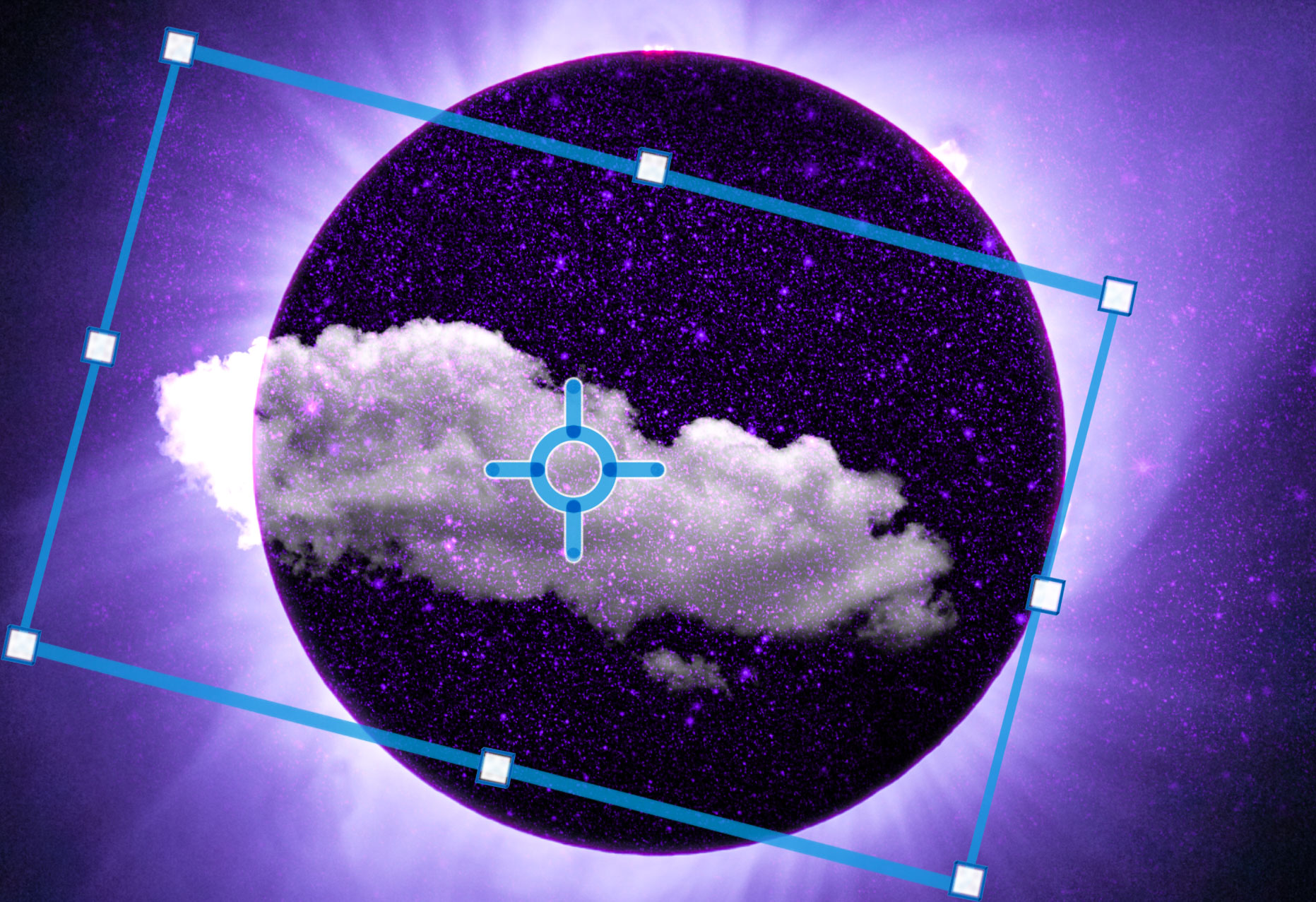 The Transform Command with reference point being used on some clouds in Photoshop